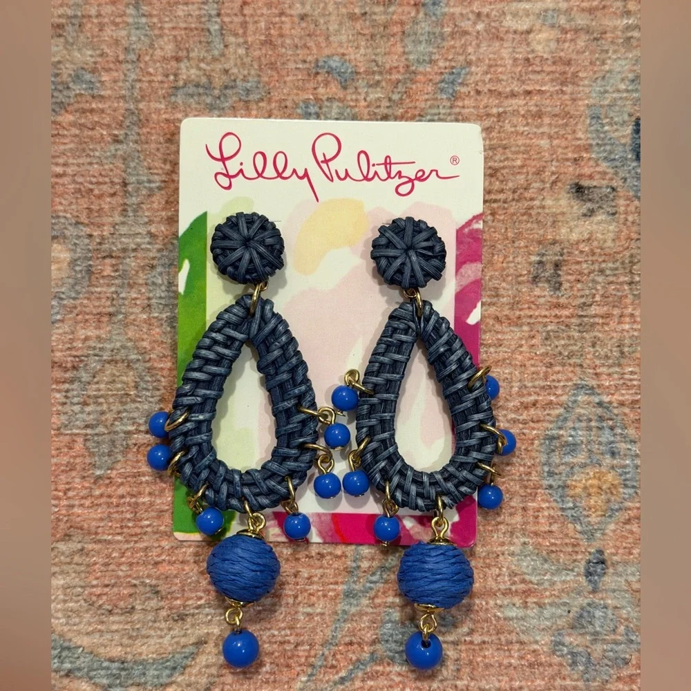 Brand New Lilly Pulitzer Alba Blue Dangling Raffia Earrings - Picture 4 of 5